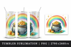 Watercolor rainbow clover pot of gold coins Happy St Patrick Day quote print 20oz tumbler skinny mug wrap clipart t-shirt sublimation printable design