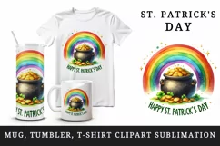 Watercolor rainbow clover pot of gold coins Happy St Patrick Day quote print 20oz tumbler skinny mug wrap clipart t-shirt sublimation printable design