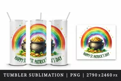 Watercolor rainbow clover pot of gold coins Happy St Patrick Day quote print 20oz tumbler skinny mug wrap clipart t-shirt sublimation printable design