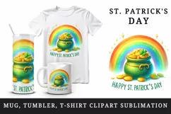 Watercolor rainbow clover pot of gold coins Happy St Patrick Day quote print 20oz tumbler skinny mug wrap clipart t-shirt sublimation printable design
