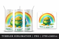 Watercolor rainbow clover pot of gold coins Happy St Patrick Day quote print 20oz tumbler skinny mug wrap clipart t-shirt sublimation printable design