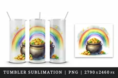 Watercolor rainbow clover pot of gold coins St Patrick Day print 20 oz tumbler skinny mug wrap clipart t-shirt sublimation printable design