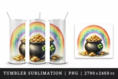 Watercolor rainbow clover pot of gold coins St Patrick Day print 20 oz tumbler skinny mug wrap clipart t-shirt sublimation printable design