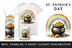 Watercolor rainbow clover pot of gold coins St Patrick Day print 20 oz tumbler skinny mug wrap clipart t-shirt sublimation printable design