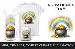 Watercolor rainbow clover pot of gold coins St Patrick Day print 20 oz tumbler skinny mug wrap clipart t-shirt sublimation printable design