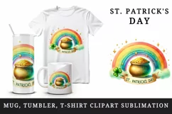 Watercolor rainbow clover pot of gold coins St Patrick Day quote print 20 oz tumbler skinny mug wrap clipart t-shirt sublimation printable design