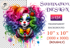Watercolor clipart of a gothic clown girl with rainbow curls, pale face, red nose, and dramatic makeup. Artistic and spooky, perfect for Halloween or circus-themed projects.