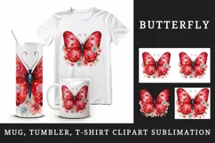 Watercolor red butterfly floral sparkle flowers insect diamonds 20 oz tumbler skinny mug wrap clipart t-shirt sublimation printable design