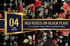 Watercolor Red Roses on Black Plaid Digital Paper Product Image 1