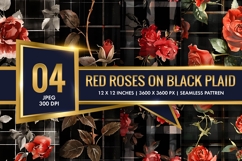 Watercolor Red Roses on Black Plaid Digital Paper Product Image 1