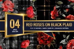 Watercolor Red Roses on Black Plaid Digital Paper Product Image 1