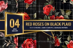 Watercolor Red Roses on Black Plaid Digital Paper Product Image 1
