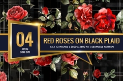 Watercolor Red Roses on Black Plaid Digital Paper Product Image 1