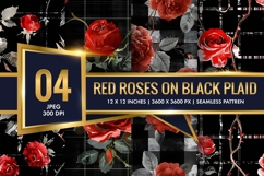 Watercolor Red Roses on Black Plaid Digital Paper Product Image 1