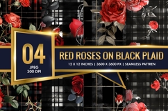 Watercolor Red Roses on Black Plaid Digital Paper Product Image 1