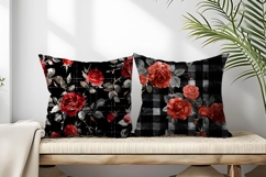 Watercolor Red Roses on Black Plaid Digital Paper Product Image 2