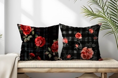 Watercolor Red Roses on Black Plaid Digital Paper Product Image 2