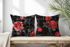 Watercolor Red Roses on Black Plaid Digital Paper Product Image 2