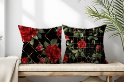 Watercolor Red Roses on Black Plaid Digital Paper Product Image 2