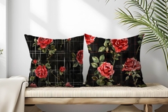 Watercolor Red Roses on Black Plaid Digital Paper Product Image 2