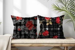 Watercolor Red Roses on Black Plaid Digital Paper Product Image 2