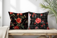 Watercolor Red Roses on Black Plaid Digital Paper Product Image 2