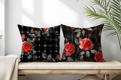 Watercolor Red Roses on Black Plaid Digital Paper Product Image 2