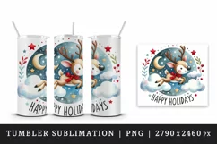 Watercolor reindeer flying stars clouds Happy Holidays quote print 20 oz tumbler skinny mug wrap clipart t-shirt sublimation printable design