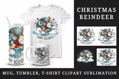 Watercolor reindeer flying stars clouds Happy Holidays quote print 20 oz tumbler skinny mug wrap clipart t-shirt sublimation printable design