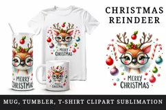 Watercolor reindeer glasses baubles candy canes Merry Christmas quote print 20 oz tumbler skinny mug wrap clipart t-shirt sublimation printable design