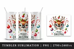 Watercolor reindeer glasses baubles candy canes Merry Christmas quote print 20 oz tumbler skinny mug wrap clipart t-shirt sublimation printable design