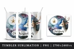Watercolor reindeer night sky twinkling star Merry Christmas quote print 20 oz tumbler skinny mug wrap clipart t-shirt sublimation printable design