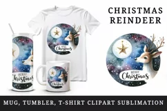 Watercolor reindeer night sky twinkling star Merry Christmas quote print 20 oz tumbler skinny mug wrap clipart t-shirt sublimation printable design
