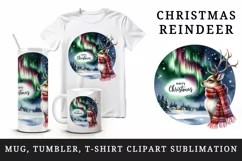 Watercolor reindeer Northern Lights night sky Merry Christmas quote print 20 oz tumbler skinny mug wrap clipart t-shirt sublimation printable design