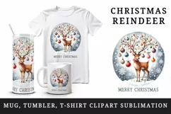 Watercolor reindeer ornaments antlers Merry Christmas greeting quote print 20 oz tumbler skinny mug wrap clipart t-shirt sublimation printable design