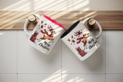 Watercolor reindeer red scarf Santa hat presents Merry Christmas quote print 20oz tumbler skinny mug wrap clipart t-shirt sublimation printable design