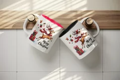 Watercolor reindeer red scarf Santa hat presents Merry Christmas quote print 20oz tumbler skinny mug wrap clipart t-shirt sublimation printable design