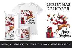 Watercolor reindeer red scarf Santa hat presents Merry Christmas quote print 20oz tumbler skinny mug wrap clipart t-shirt sublimation printable design