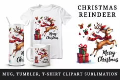Watercolor reindeer red scarf Santa hat presents Merry Christmas quote print 20oz tumbler skinny mug wrap clipart t-shirt sublimation printable design