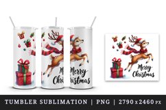 Watercolor reindeer red scarf Santa hat presents Merry Christmas quote print 20oz tumbler skinny mug wrap clipart t-shirt sublimation printable design