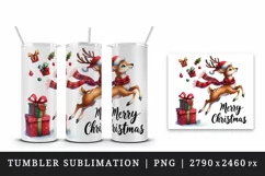 Watercolor reindeer red scarf Santa hat presents Merry Christmas quote print 20oz tumbler skinny mug wrap clipart t-shirt sublimation printable design