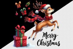 Watercolor reindeer red scarf Santa hat presents Merry Christmas quote print 20oz tumbler skinny mug wrap clipart t-shirt sublimation printable design