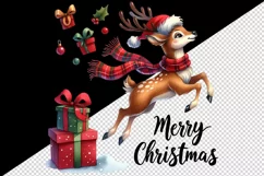 Watercolor reindeer red scarf Santa hat presents Merry Christmas quote print 20oz tumbler skinny mug wrap clipart t-shirt sublimation printable design