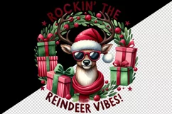 Watercolor reindeer sunglasses Santa hat Rockin the Vibes quote print 20 oz tumbler skinny mug wrap clipart t-shirt sublimation printable design