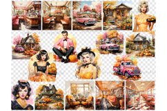 Vibrant watercolor retro halloween clipart with trendy pinup white men, women with pumpkins in fashionable vintage clothes from the forties and fifties of the twentieth century, retro pink cars, retro scenes of american cafes, farms and room interior