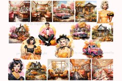 Vibrant watercolor retro halloween clipart with trendy pinup white men, women with pumpkins in fashionable vintage clothes from the forties and fifties of the twentieth century, retro pink cars, retro scenes of american cafes, farms and room interior