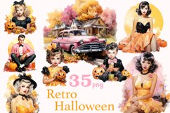 Bright watercolor retro halloween clipart with trendy pin-up white men, women and children in trendy vintage clothes of the forties and fifties of the twentieth century, a pink retro car with wooden houses and trees on the background