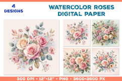 Watercolor Roses Digital Paper Elegant Floral Design Product Image 1