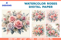 Watercolor Roses Digital Paper Elegant Floral Design Product Image 1