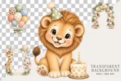 Watercolor jungle animal clipart bundle with safari birthday characters, party hats, bunting and celebration elements.